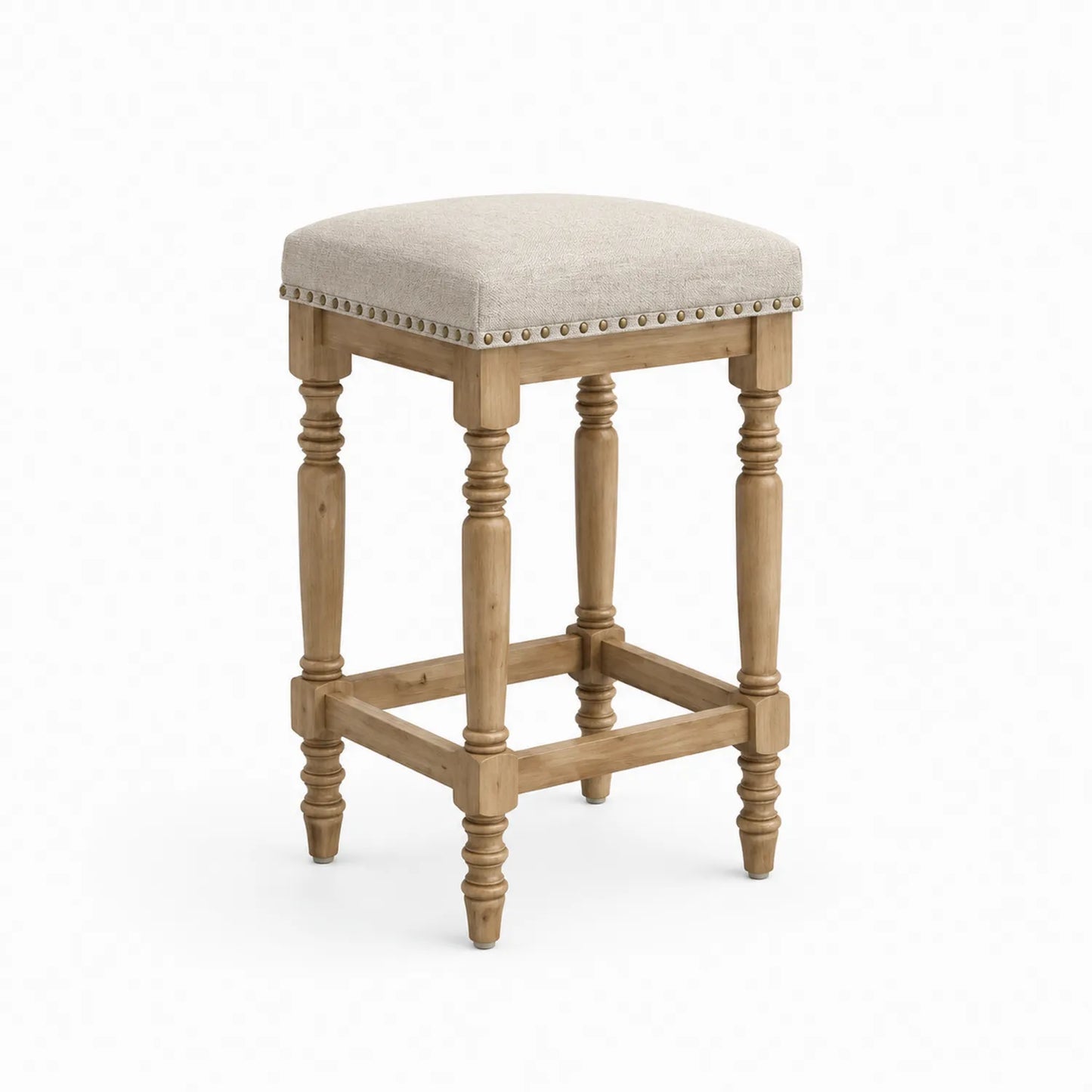 Taburete de madera de pino con asiento de tela beige 74 cm