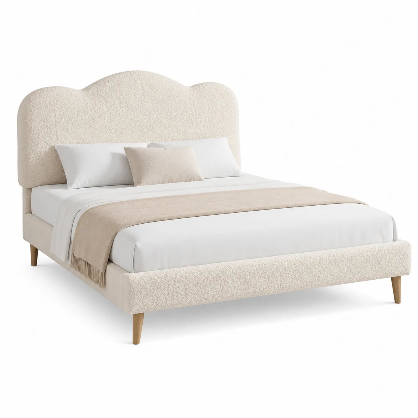 Cama de tela bouclé beige con cabecero curvo y patas de madera, 200x160 cm