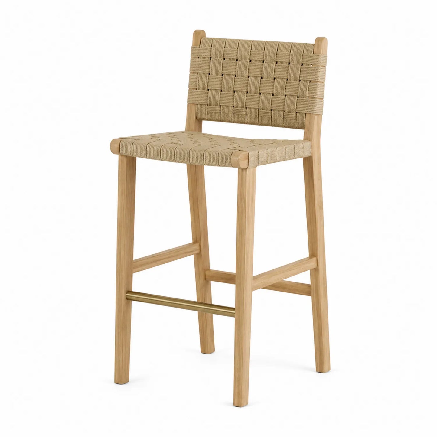 Taburete alto de roble con asiento de cuerda beige