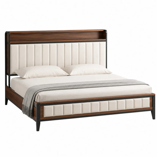 Cama de matrimonio de madera y metal con cabecera alta 200x160 cm