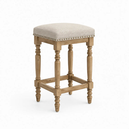 Taburete de madera de pino con asiento de tela beige 74 cm