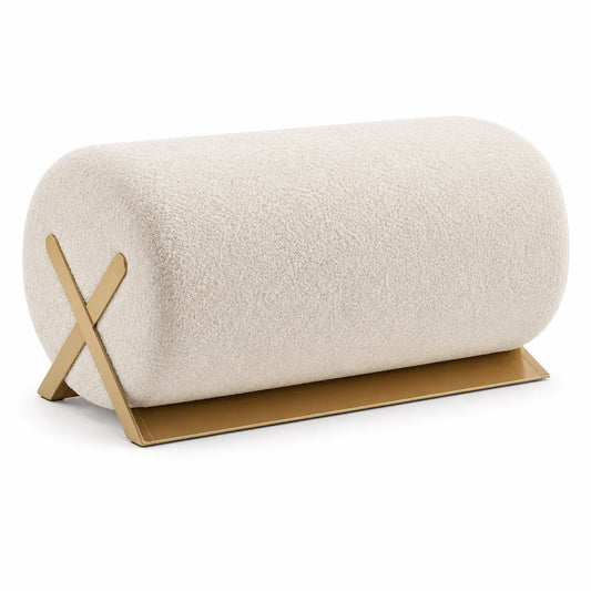 Reposapiés cilíndrico de poliéster beige y metal dorado