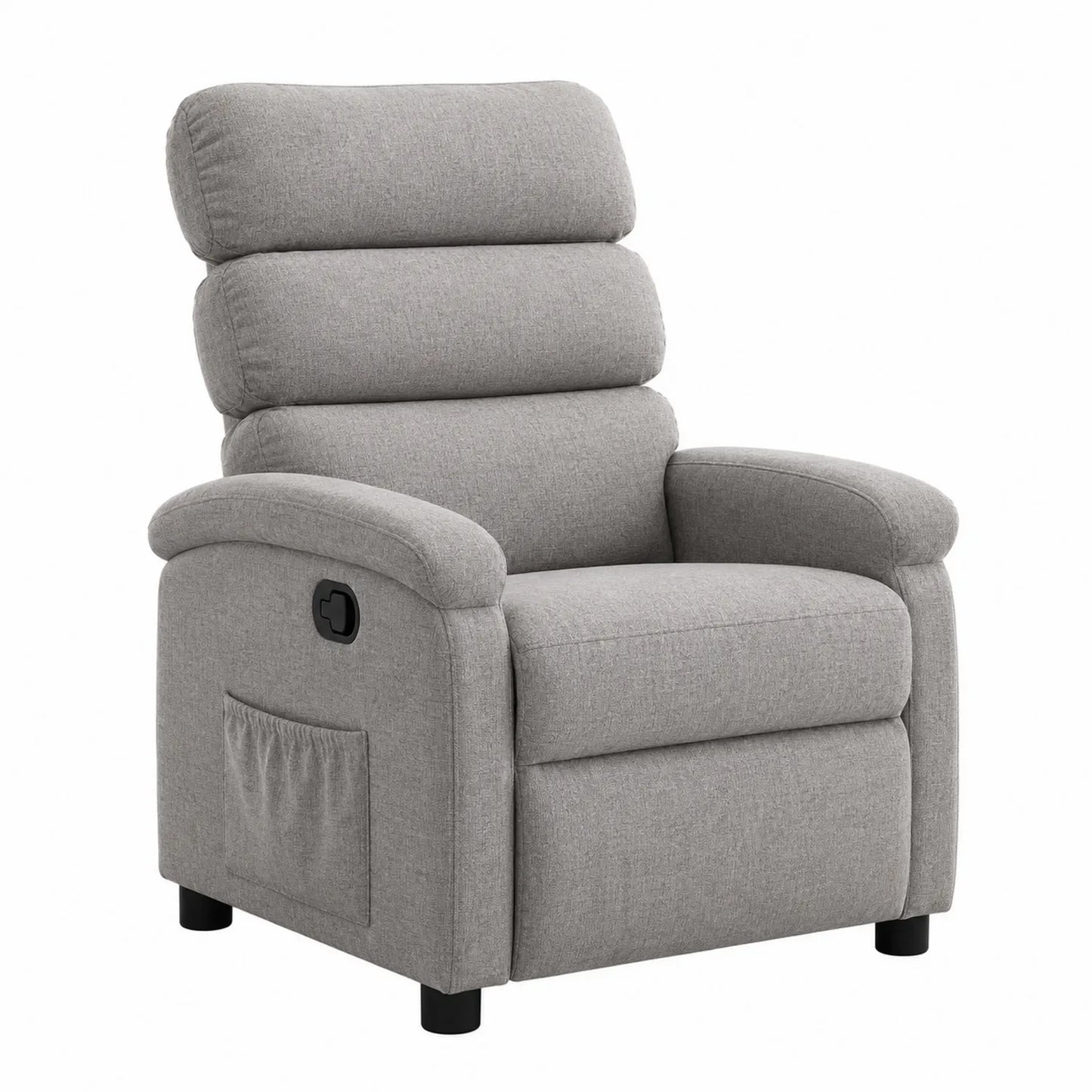 Sillón reclinable de tela gris con bolsillo lateral