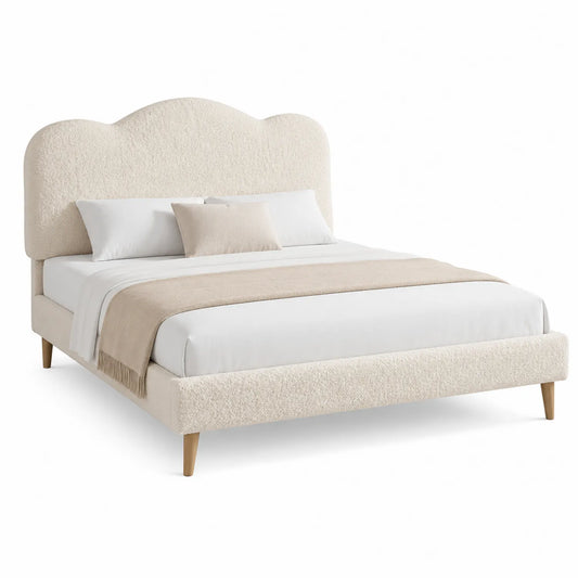 Cama de tela bouclé beige con cabecero curvo y patas de madera, 200x160 cm
