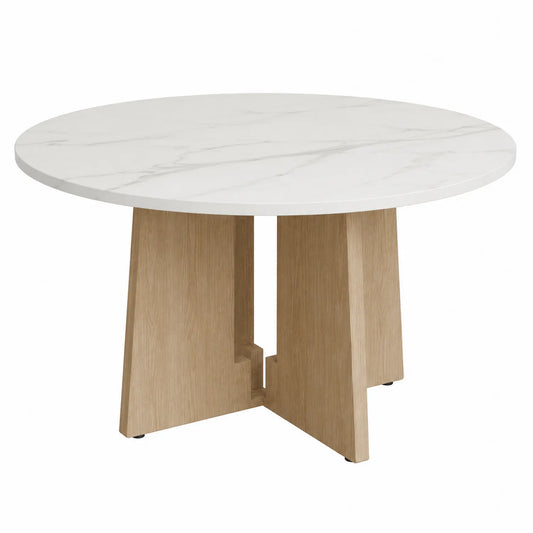 Mesa redonda de mármol blanco y madera de roble 120 cm