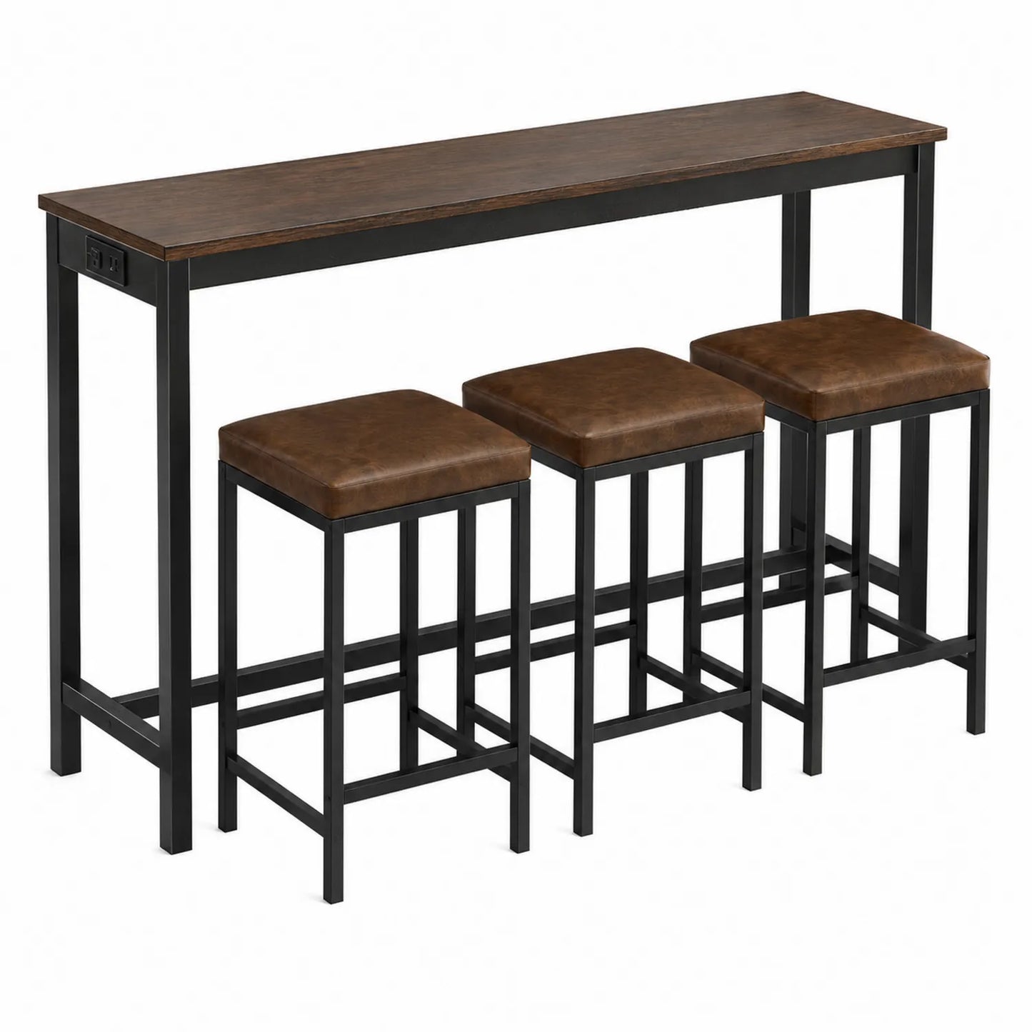 Mesa de Bar y Taburetes de Madera y Metal Negro