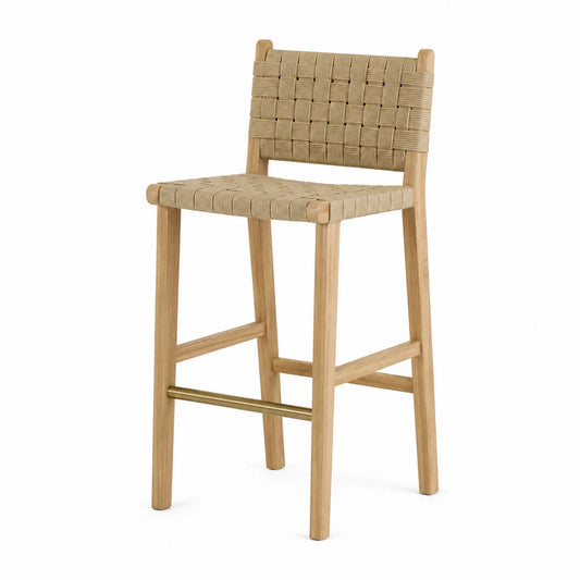 Taburete alto de roble con asiento de cuerda beige