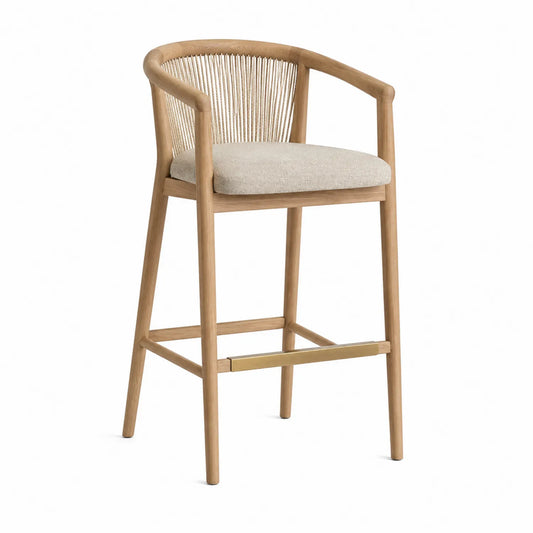 Taburete de Madera y Tela Beige con Respaldo de Cuerda