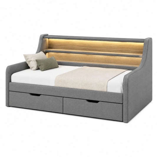 Cama nido tapizada con estante y luz LED Gris