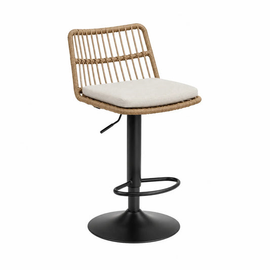 Taburete de ratán ajustable con cojín beige y base metálica negra
