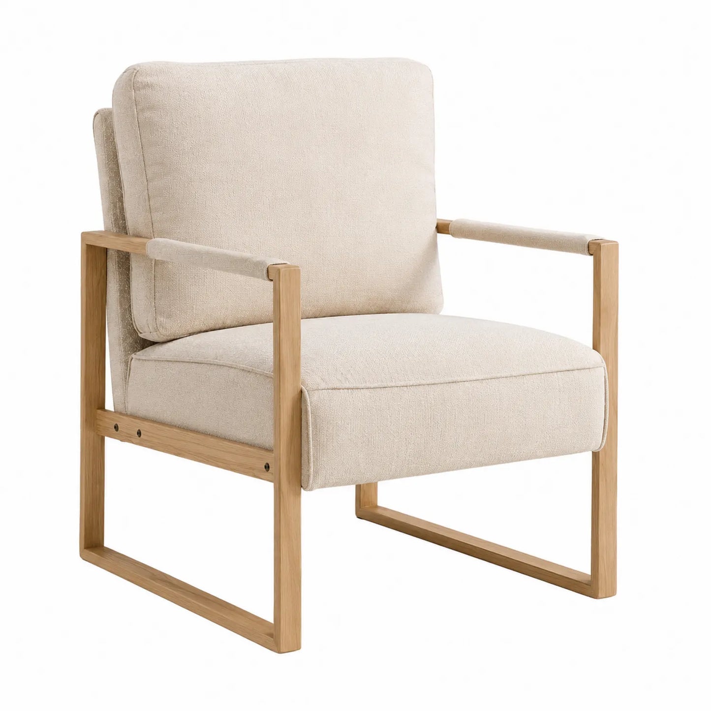 Silla tapizada beige con estructura de madera de roble