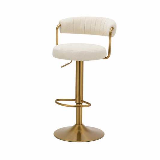 Taburete de bar giratorio con estructura metálica dorada y tapizado beige