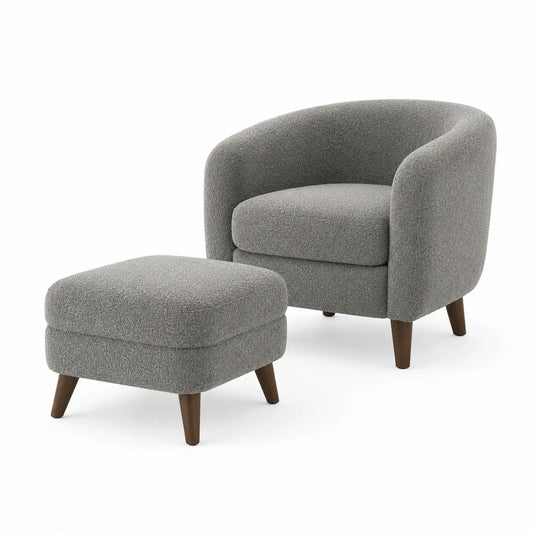 Sillón y reposapiés de poliéster gris con patas de pino